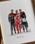 Watercolour illustration of a Formula 1 podium showing Lewis Hamilton, George Russell and Lando Norris, with the words 'the moment'.