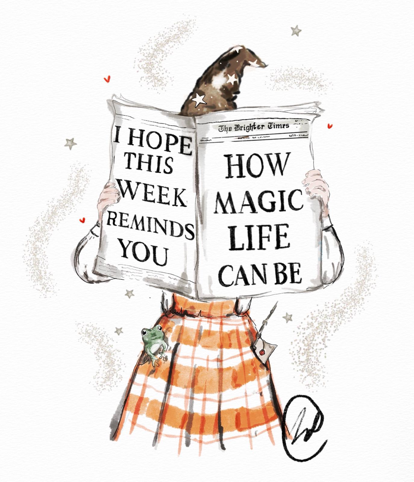 Illustration of a person in a witch costume holding a newspaper with a humorous headline.