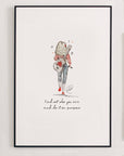 Find Out Who You Are print shown in a slim black frame with a white mount on a white wall, the watercolour illustration of a country singer walking away with her guitar sitting inside the mount window. Frame not included.