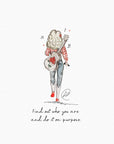 Watercolour illustration of a woman seen from behind with big blonde curly hair, a red gingham shirt, blue jeans and red heeled cowboy boots, an acoustic guitar painted with a red rose slung over her shoulder and a microphone in her hand, with music notes and small red hearts around her and the handwritten words ‘Find out who you are and do it on purpose’.