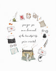 Watercolour illustration of a stone cottage with smoke curling from the chimney, framed by a circle of treasured things, a typewriter, a quill and ink pot, an alarm clock, a heart shaped padlock and key, love letters, reading glasses and an open book, with the words 'younger you once dreamed of the beautiful life you've created'.