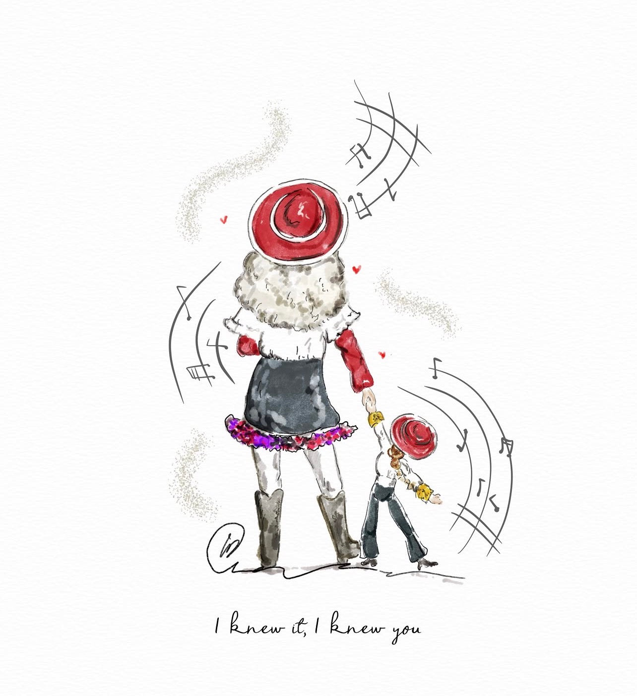 Watercolour illustration of a mother and young daughter from behind, both wearing matching red cowboy hats and boots, holding hands with musical notes floating around them, with the words 'I knew it, I knew you'.