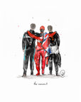 Watercolour illustration of a Formula 1 podium showing Lewis Hamilton, George Russell and Lando Norris, with the words 'the moment'.
