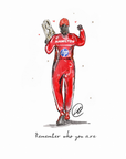 Watercolour illustration of Lewis Hamilton in red Ferrari race suit, fist pumping in celebration and holding a trophy, with stars and hearts, and the words Remember who you are.