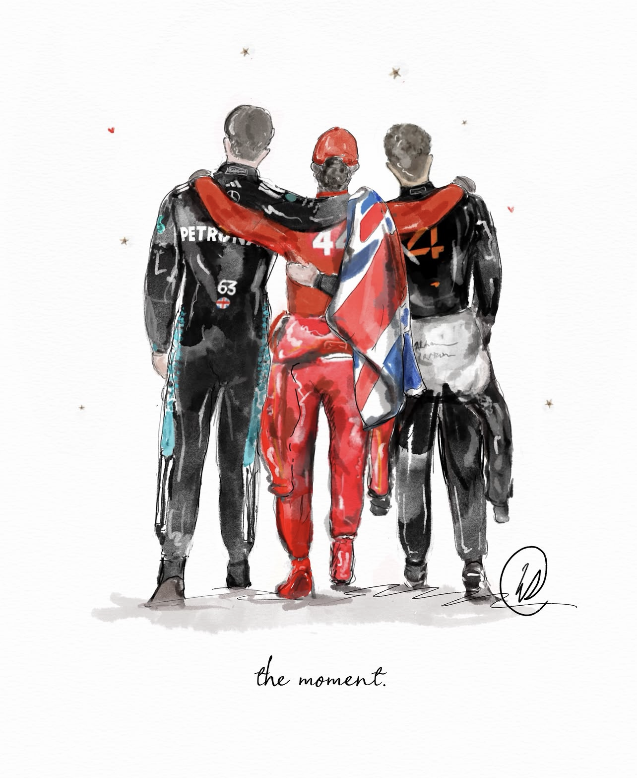 Watercolour illustration of Lewis Hamilton in red Ferrari suit draped in a Union Jack, arms around George Russell in Mercedes black and Lando Norris in McLaren black, from behind, with the words the moment.