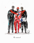 Watercolour illustration of Lewis Hamilton in red Ferrari suit draped in a Union Jack, arms around George Russell in Mercedes black and Lando Norris in McLaren black, from behind, with the words the moment.