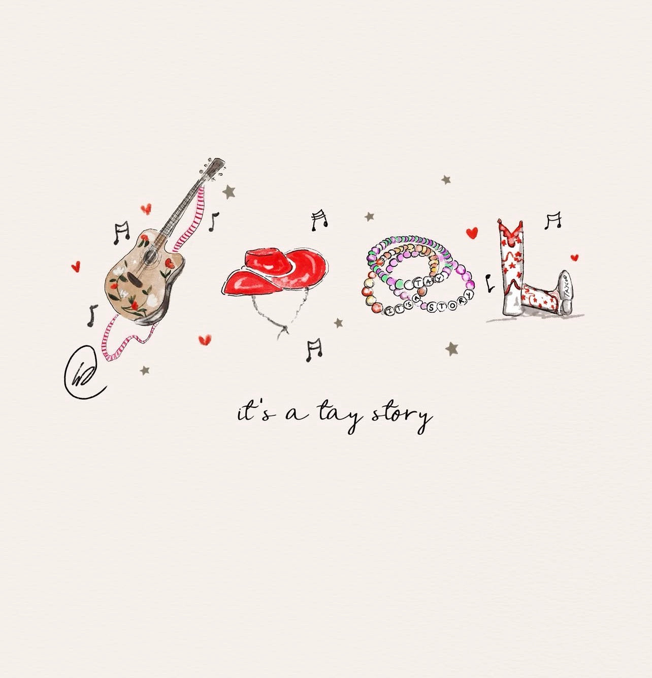 Watercolour illustration of Taylor Swift-inspired icons — a floral guitar, red cowboy hat, friendship bracelets spelling 'TAY' and 'IT'S A STORY', and red star cowboy boots, with the words 'it's a tay story'.