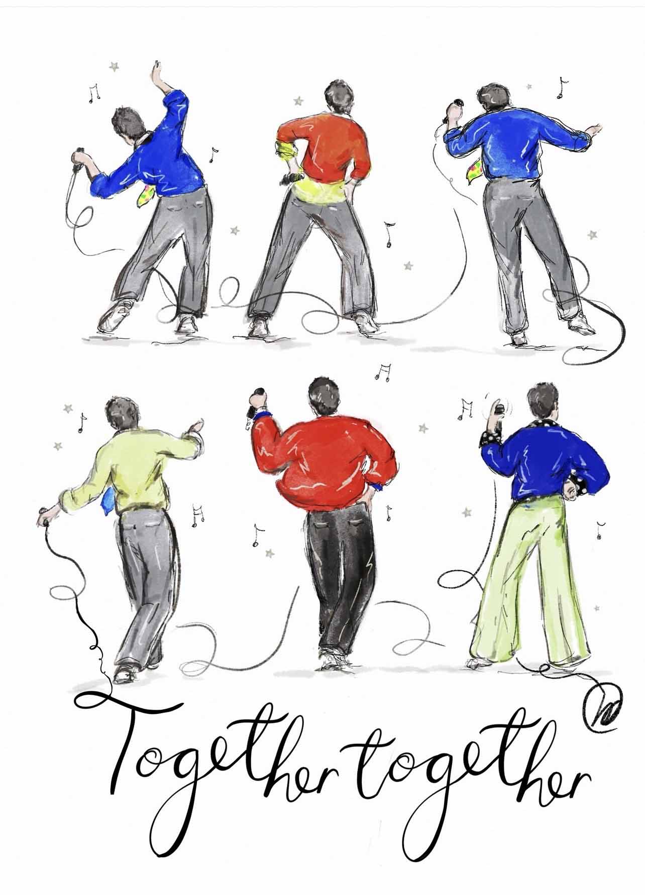 Illustration inspired by Harry Styles performing on stage with the handwritten quote “Together together”