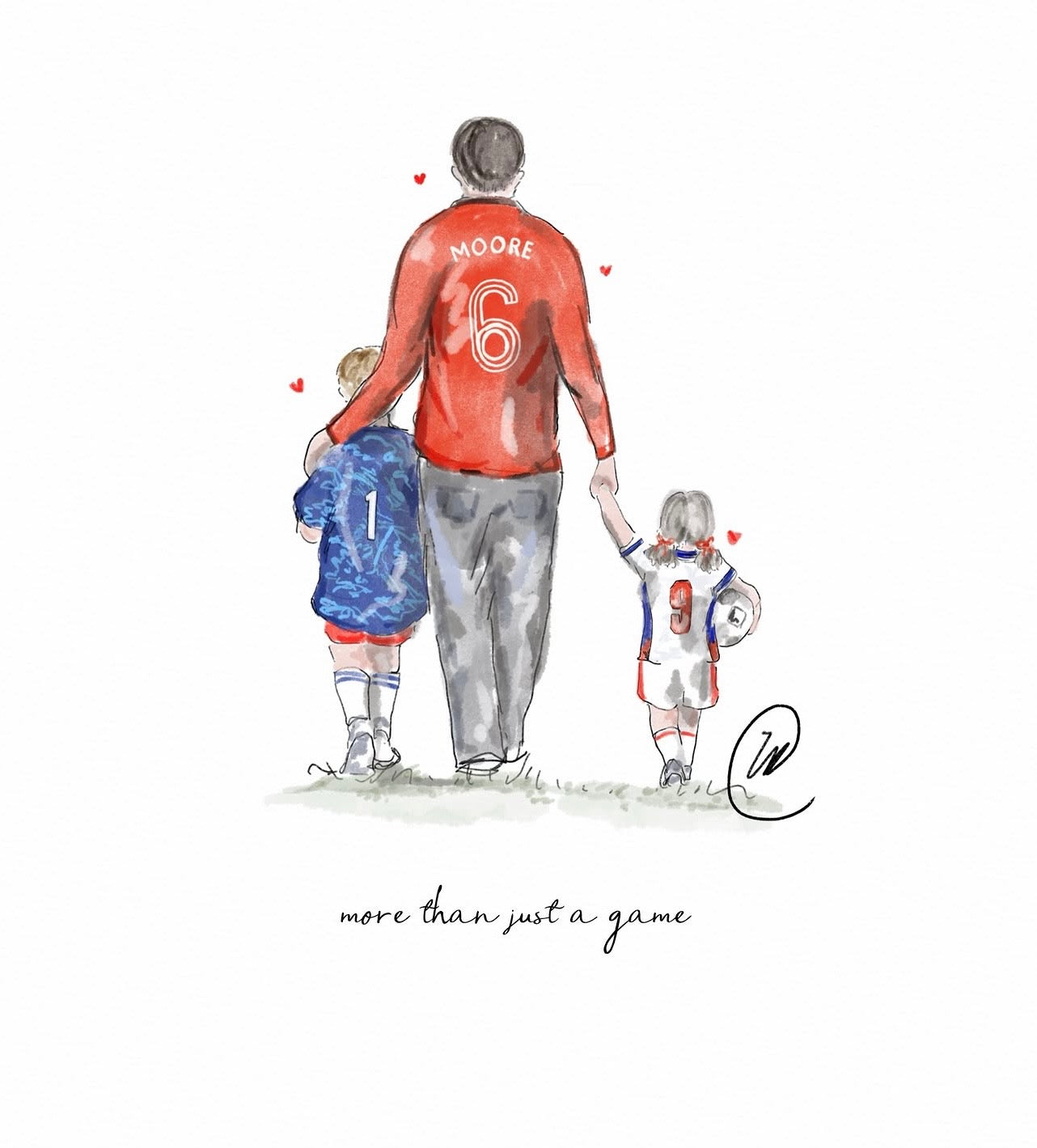 Watercolour illustration of a father in a red football shirt walking hand in hand with two young children in football kit, with the words 'more than just a game'.