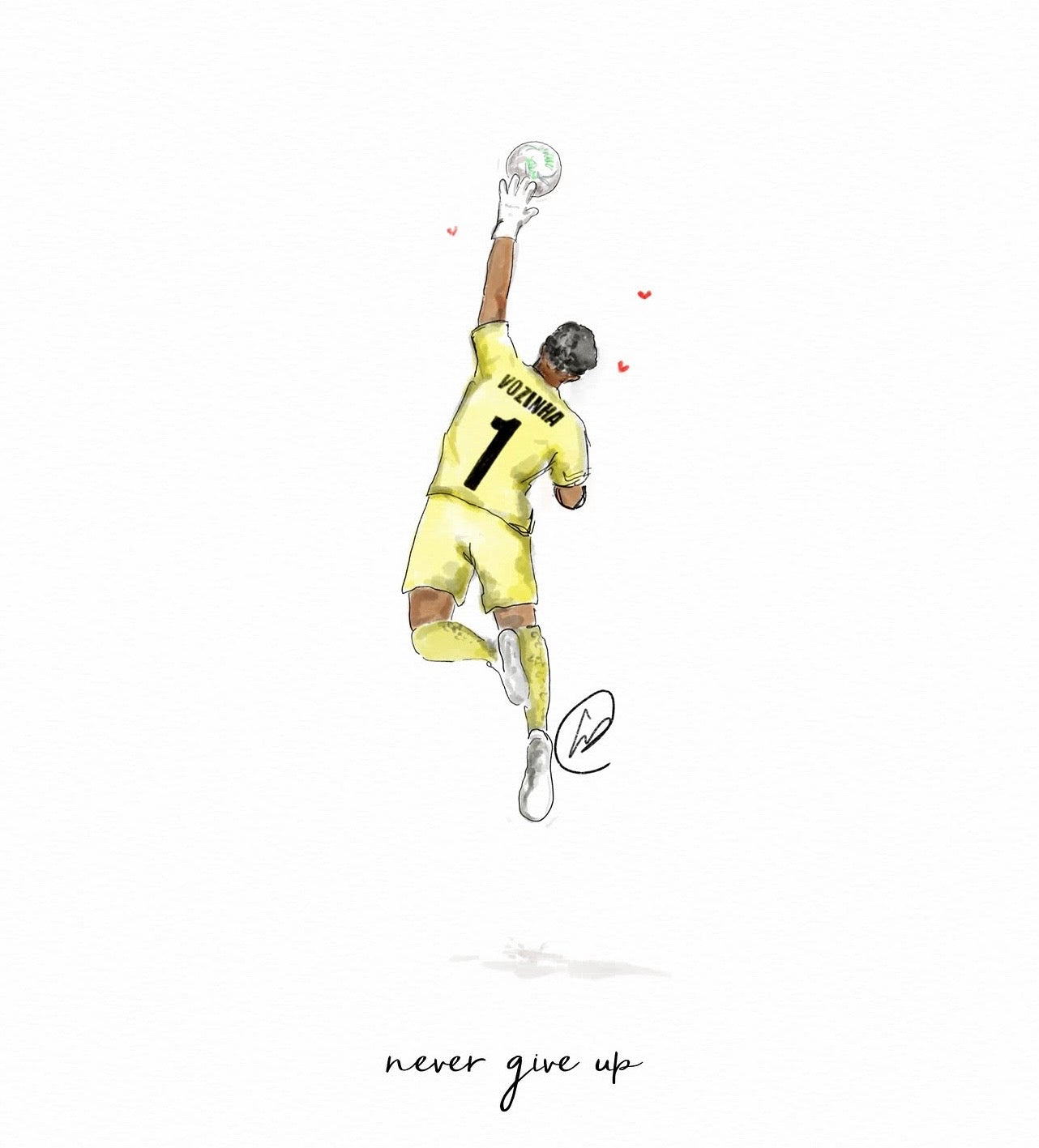 Watercolour illustration of Cape Verde goalkeeper Vozinha in a yellow number 1 kit, leaping high to tip the ball over, with the words 'never give up'.