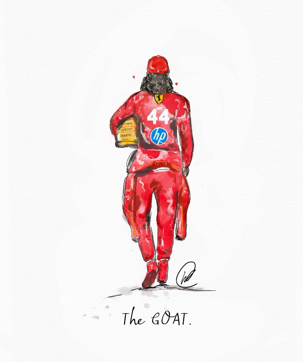 Watercolour illustration of Lewis Hamilton in red Ferrari race suit, number 44, walking away carrying his helmet, with the words The GOAT.