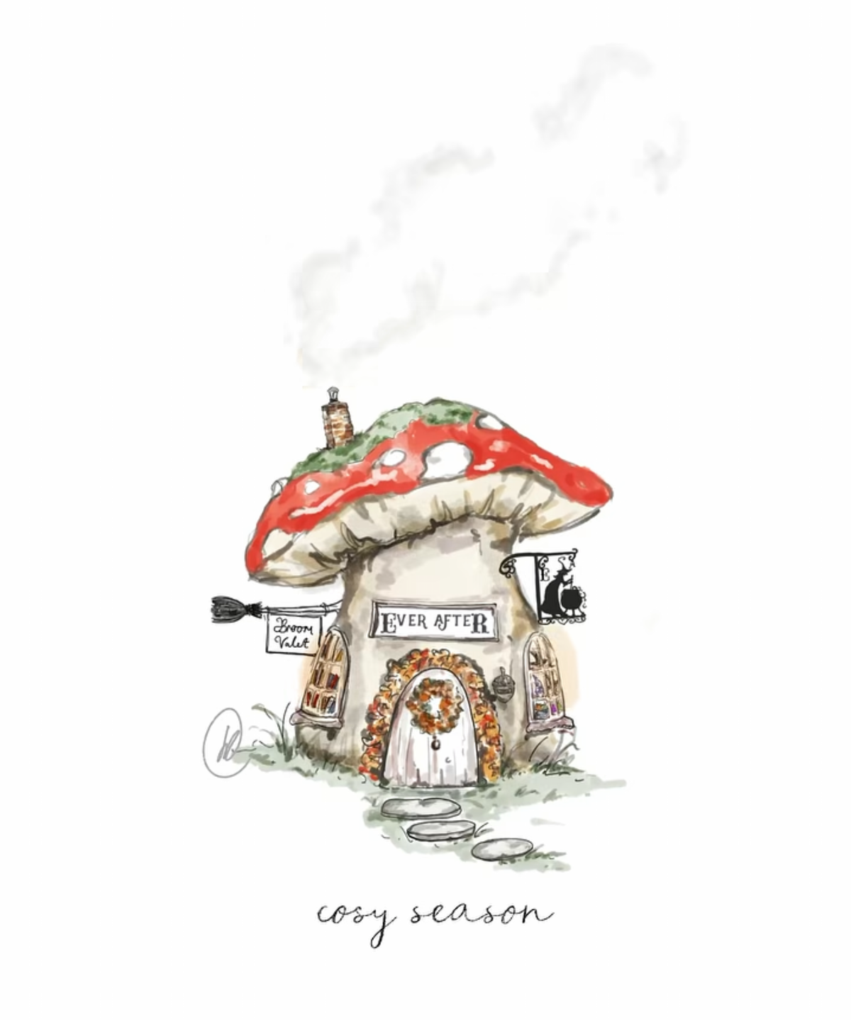 Cosy season toadstool cottage print by Lucy Claire Illustration