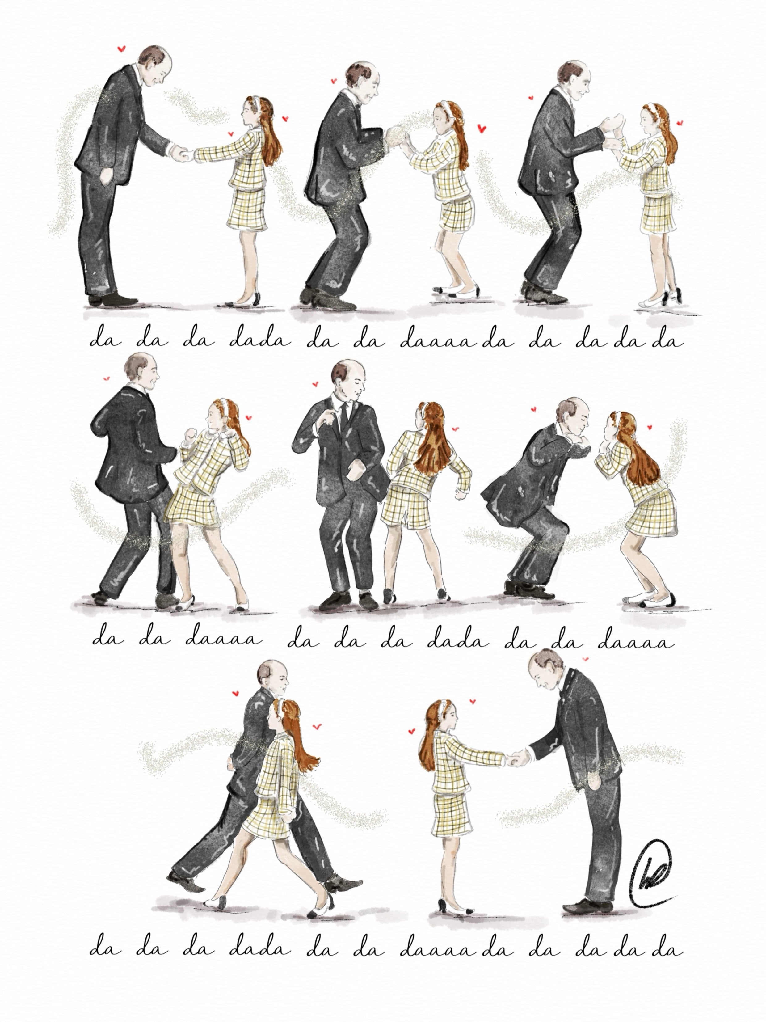 Watercolour illustration of a girl in a yellow tartan school uniform and a butler in a grey suit performing their secret handshake, drawn across nine steps in three rows with small red hearts, and the handwritten words 'da da da dada da da daaaa da da da da da'.