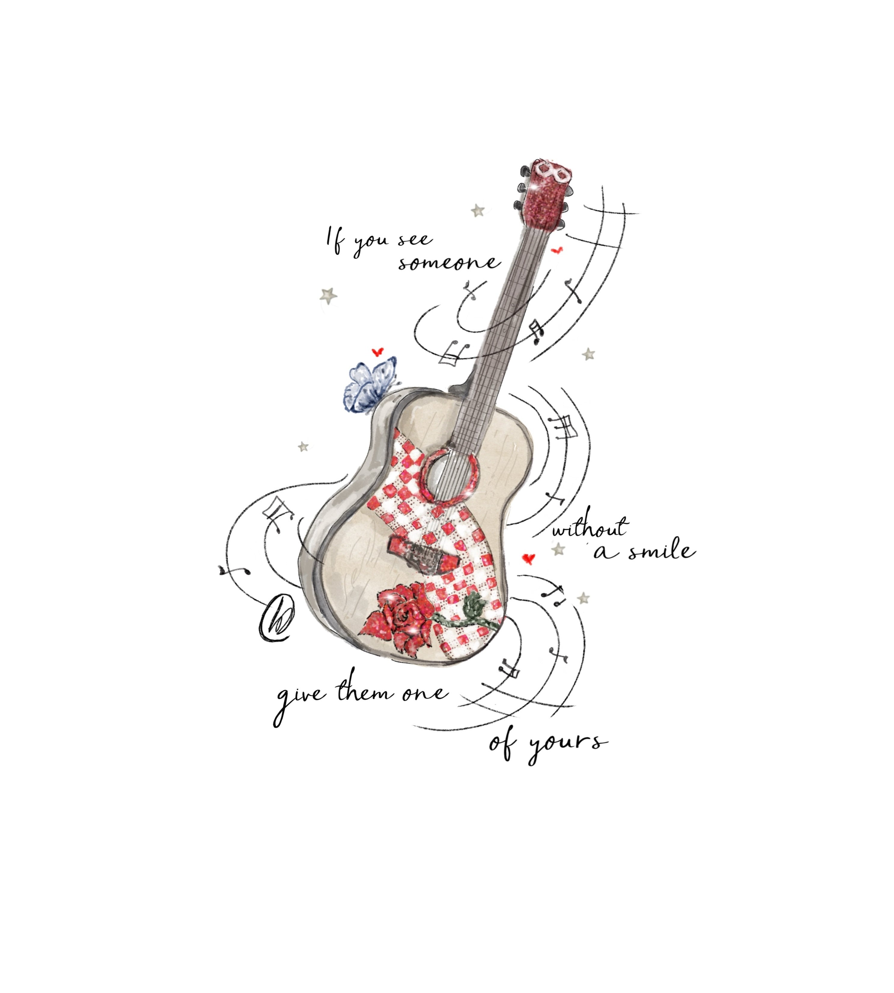 Watercolour illustration of an acoustic guitar with a red gingham front panel painted with red roses, a blue butterfly resting on its edge, sweeping musical staves, music notes, gold stars and small red hearts around it, with the handwritten words 'If you see someone without a smile give them one of yours'.