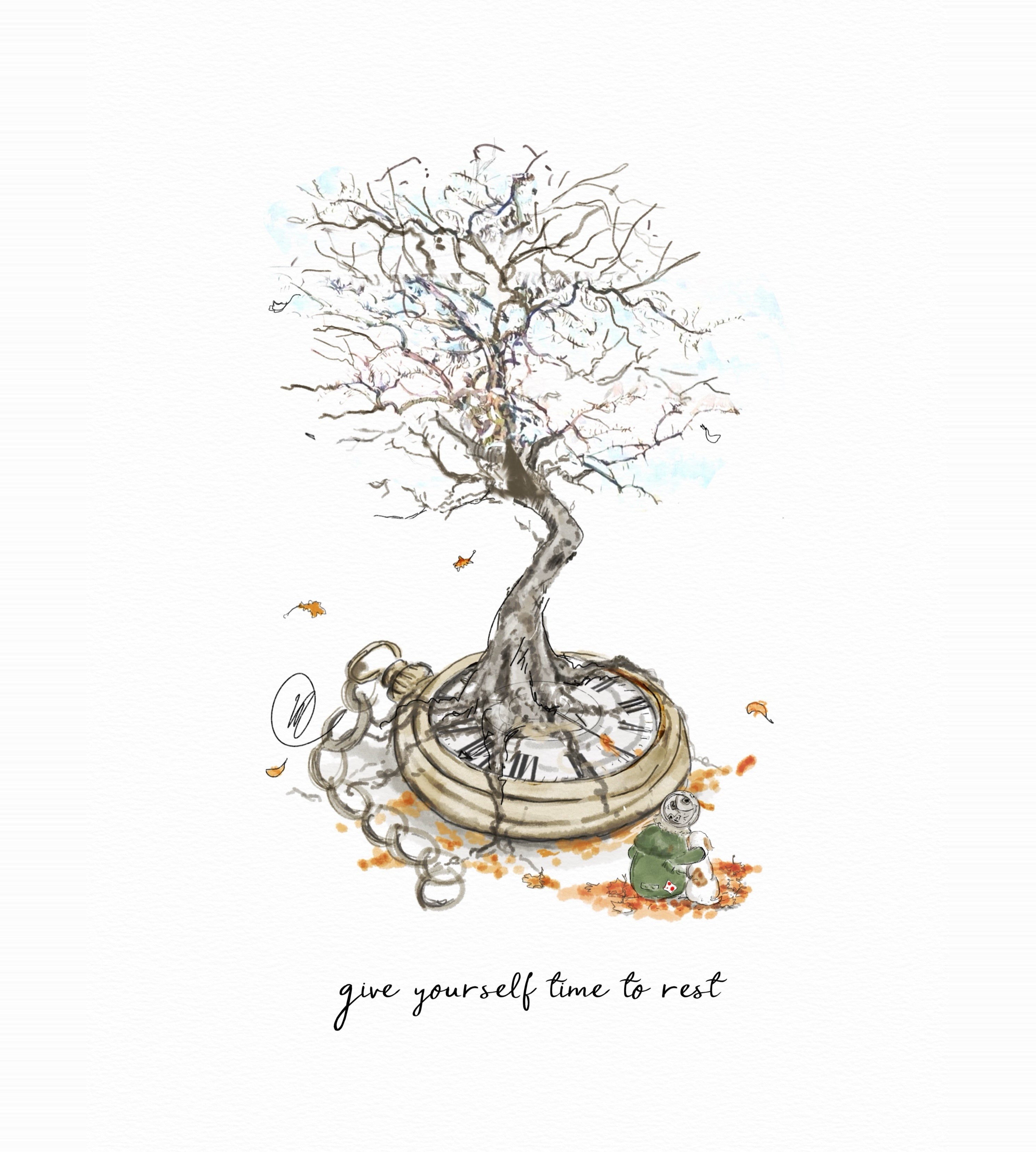 Watercolour illustration of a bare winter tree growing out of a giant gold pocket watch, its chain curled among fallen orange leaves, with a child in a green coat and bobble hat sitting at the base hugging a small white and tan dog, and the words 'give yourself time to rest'.