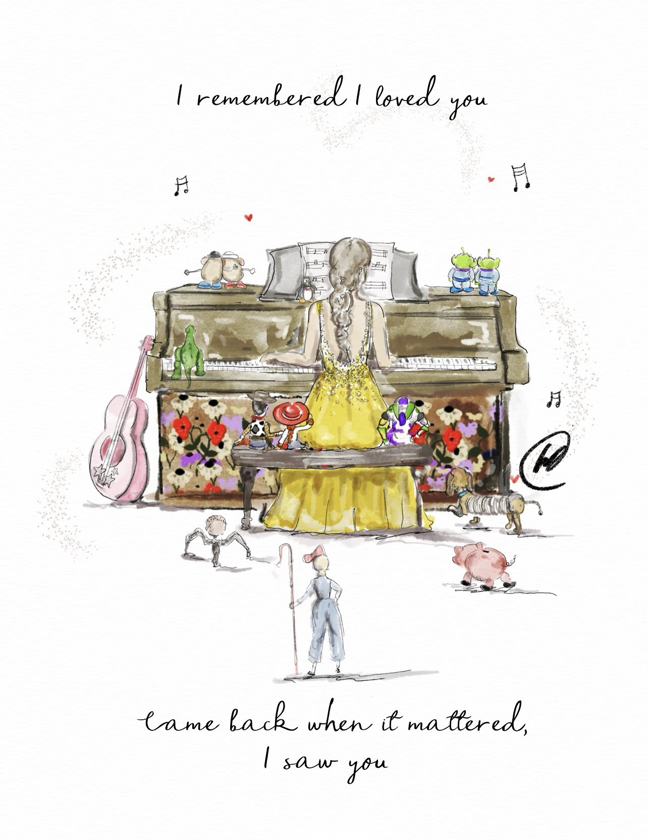 Watercolour illustration of a woman in a golden dress playing an upright piano, surrounded by Toy Story characters including Woody, Buzz Lightyear, Bo Peep, Rex, Slinky Dog, Hamm and the aliens, with a pink guitar leaning against the piano and the words 'I remembered I loved you, came back when it mattered, I saw you'.
