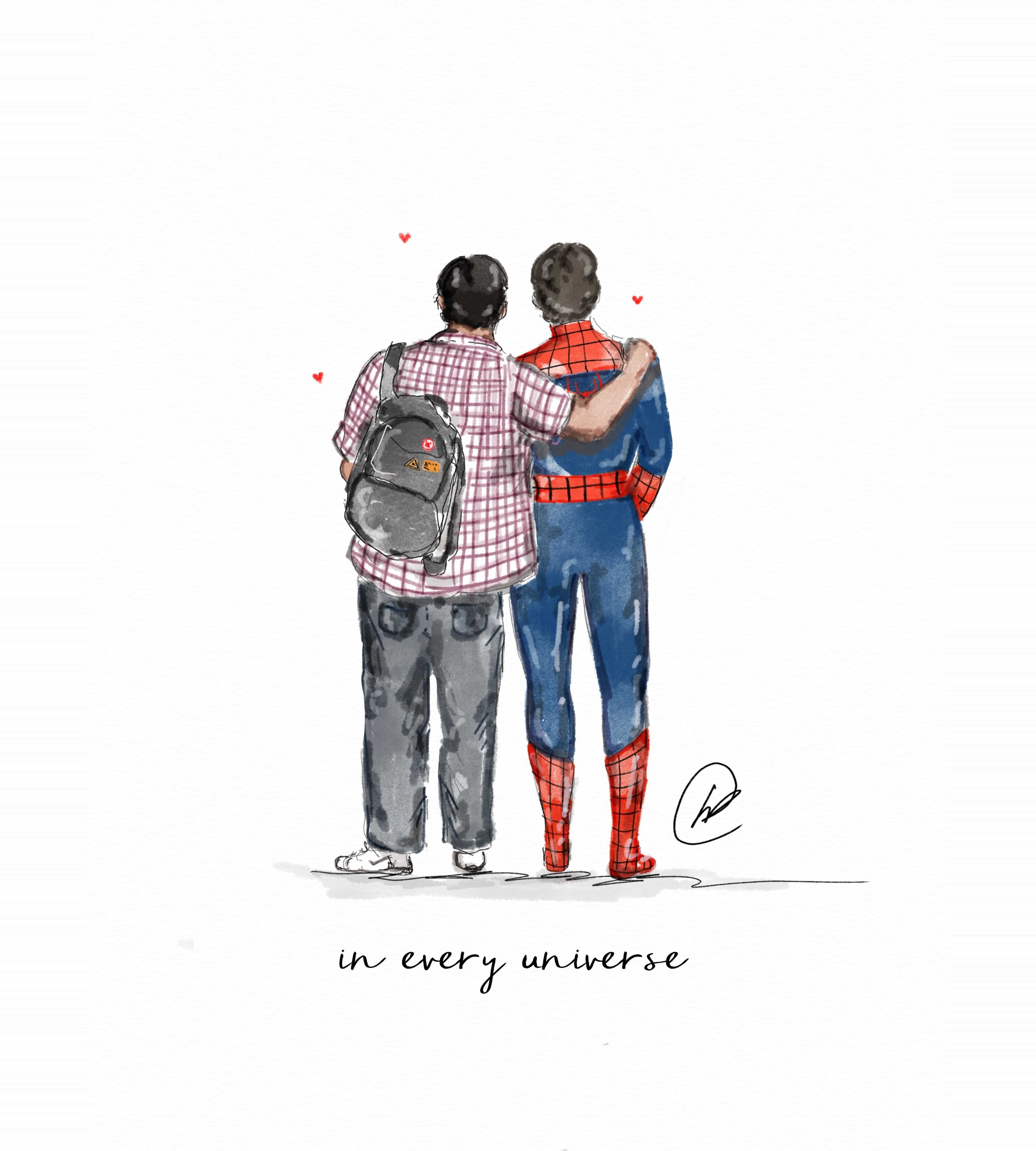 Watercolour illustration of two friends standing side by side with their arms around each other, one in a checked shirt and grey jeans with a backpack, the other in a red and blue Spider-Man suit, small red hearts floating above them, with the words 'in every universe'.