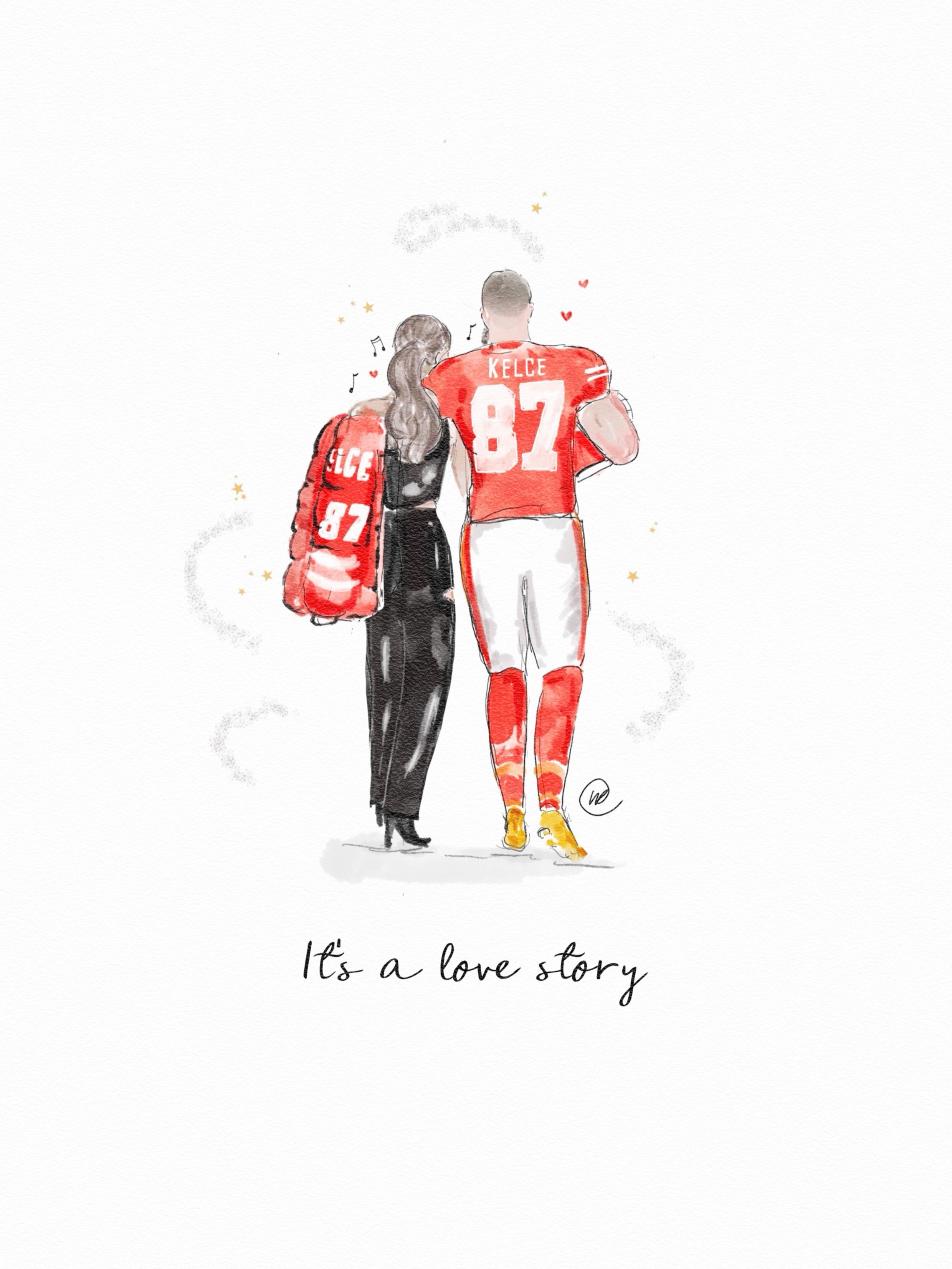 Watercolour illustration of a couple from behind in matching red Kelce 87 jerseys, surrounded by hearts and swirling music notes, with the words 'It's a love story'.