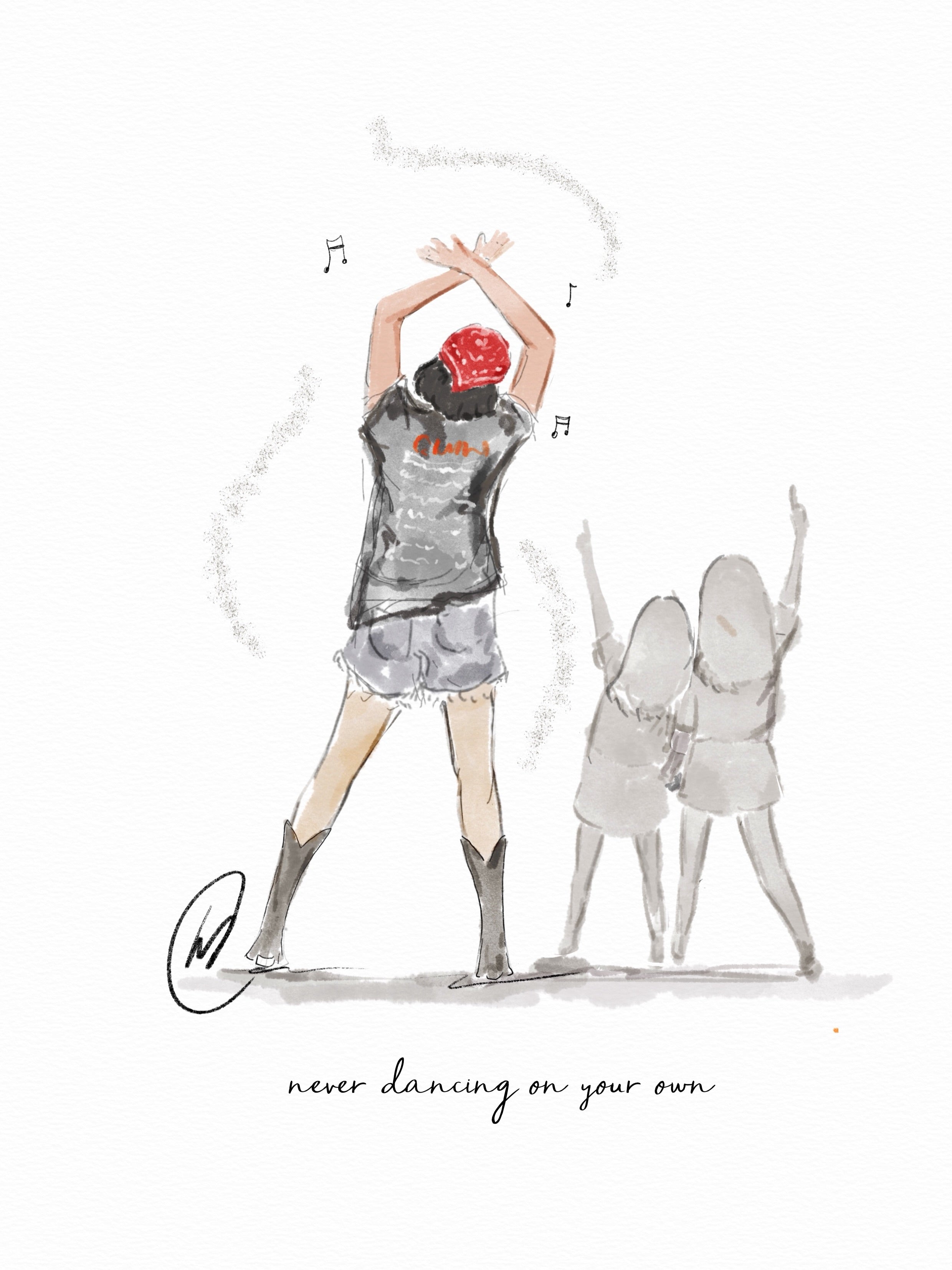 Watercolour illustration of a woman dancing with two figures behind her, music notes swirling around them, with the words 'never dancing on your own'.