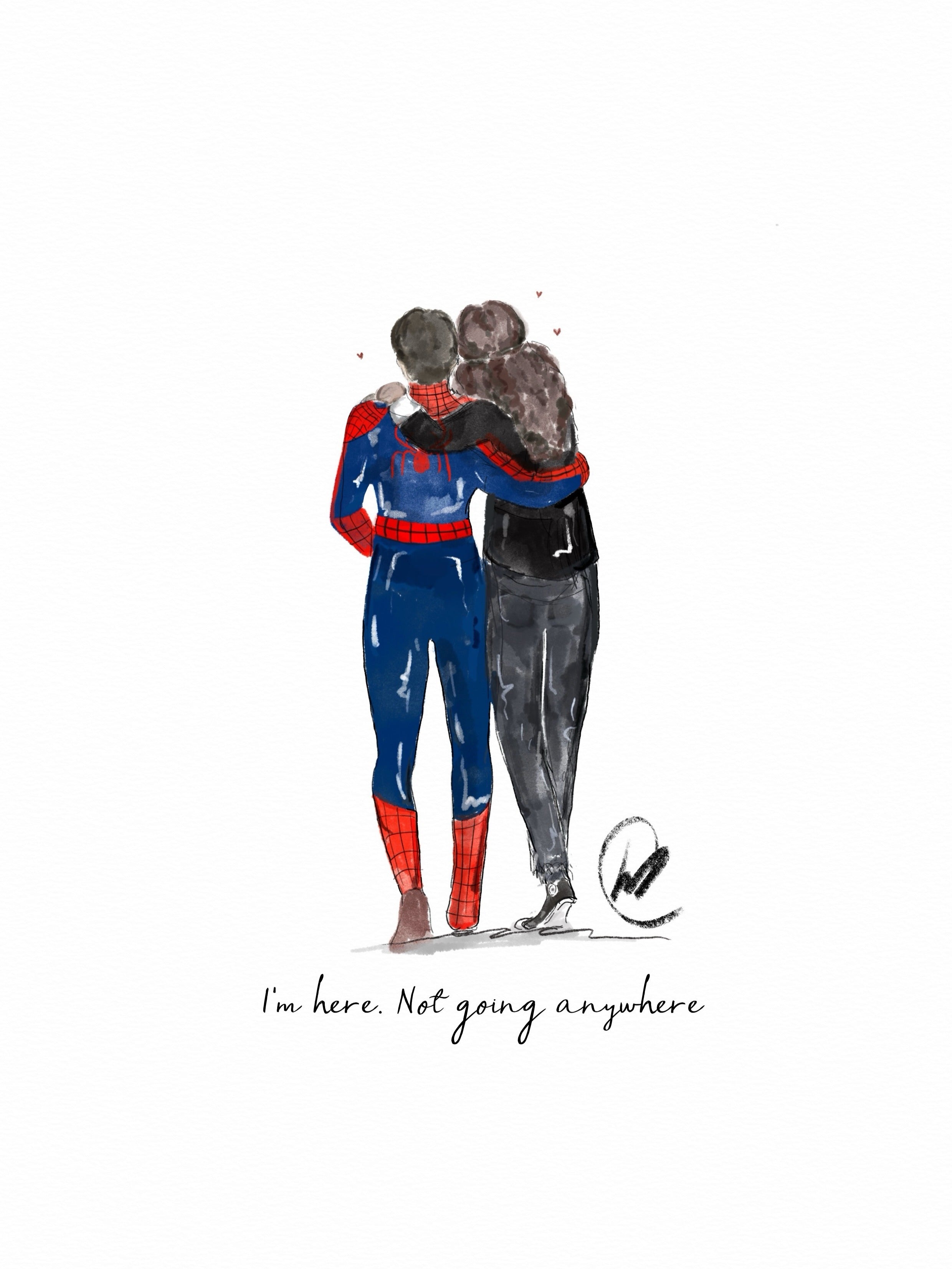 Watercolour illustration of a couple standing with their arms around each other, one wearing a Spider-Man suit, with the words 'I'm here. Not going anywhere'.