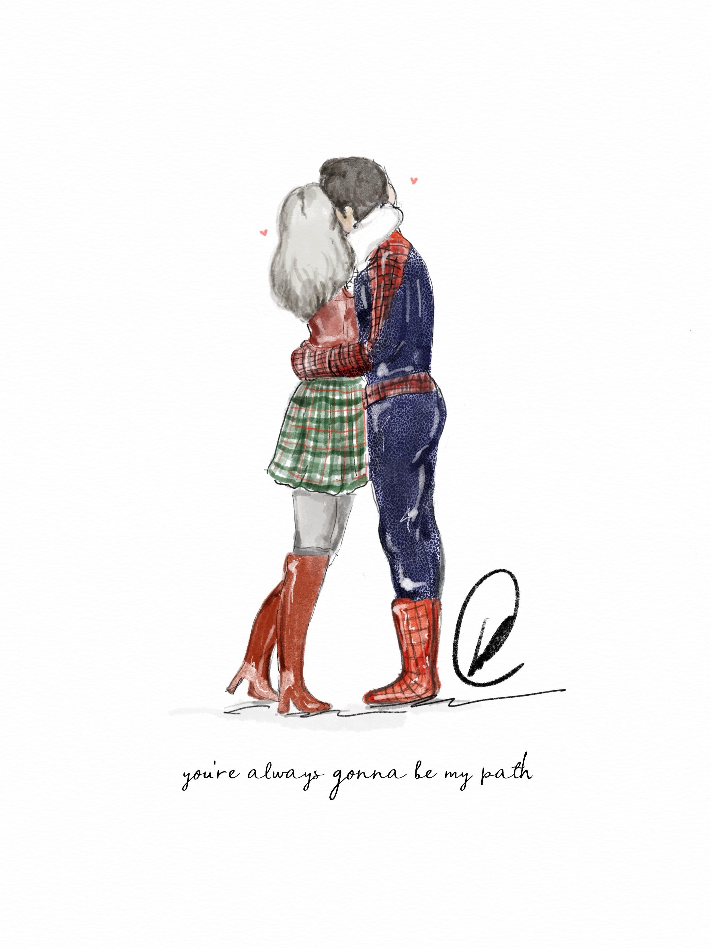 Watercolour illustration of a couple kissing, one wearing a Spider-Man suit and the other in a tartan skirt and boots, with the words 'you're always gonna be my path'.