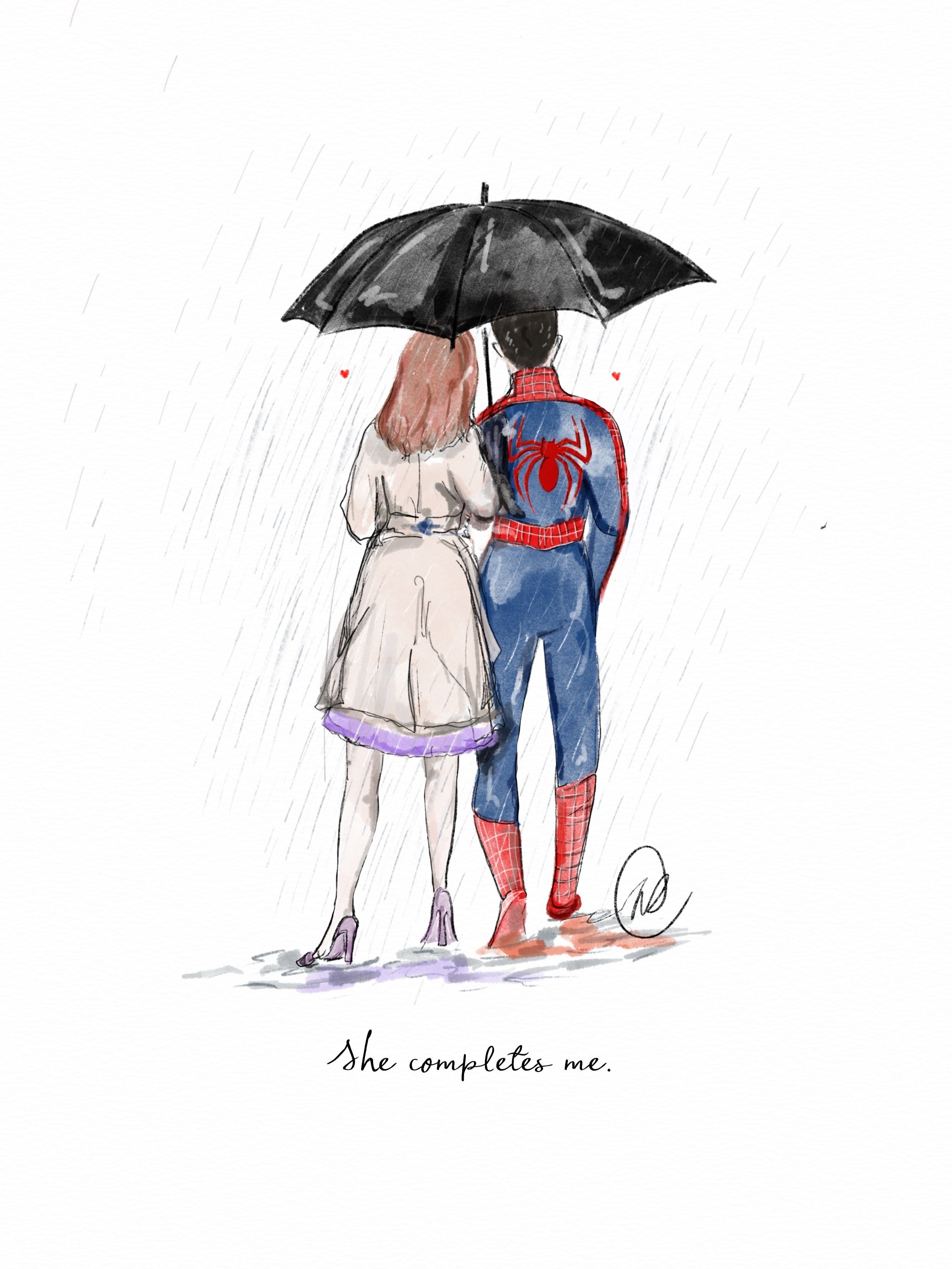 Watercolour illustration of a couple standing under a black umbrella in the rain, one wearing a Spider-Man suit, with the words 'She completes me'.