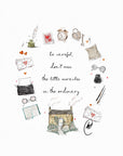 Watercolour illustration of a stone cottage with smoke curling from the chimney, framed by a circle of treasured things, a typewriter, a quill and ink pot, an alarm clock, a heart shaped padlock and key, love letters, reading glasses and an open book, with the words 'be careful, don't miss the little miracles in the ordinary'.
