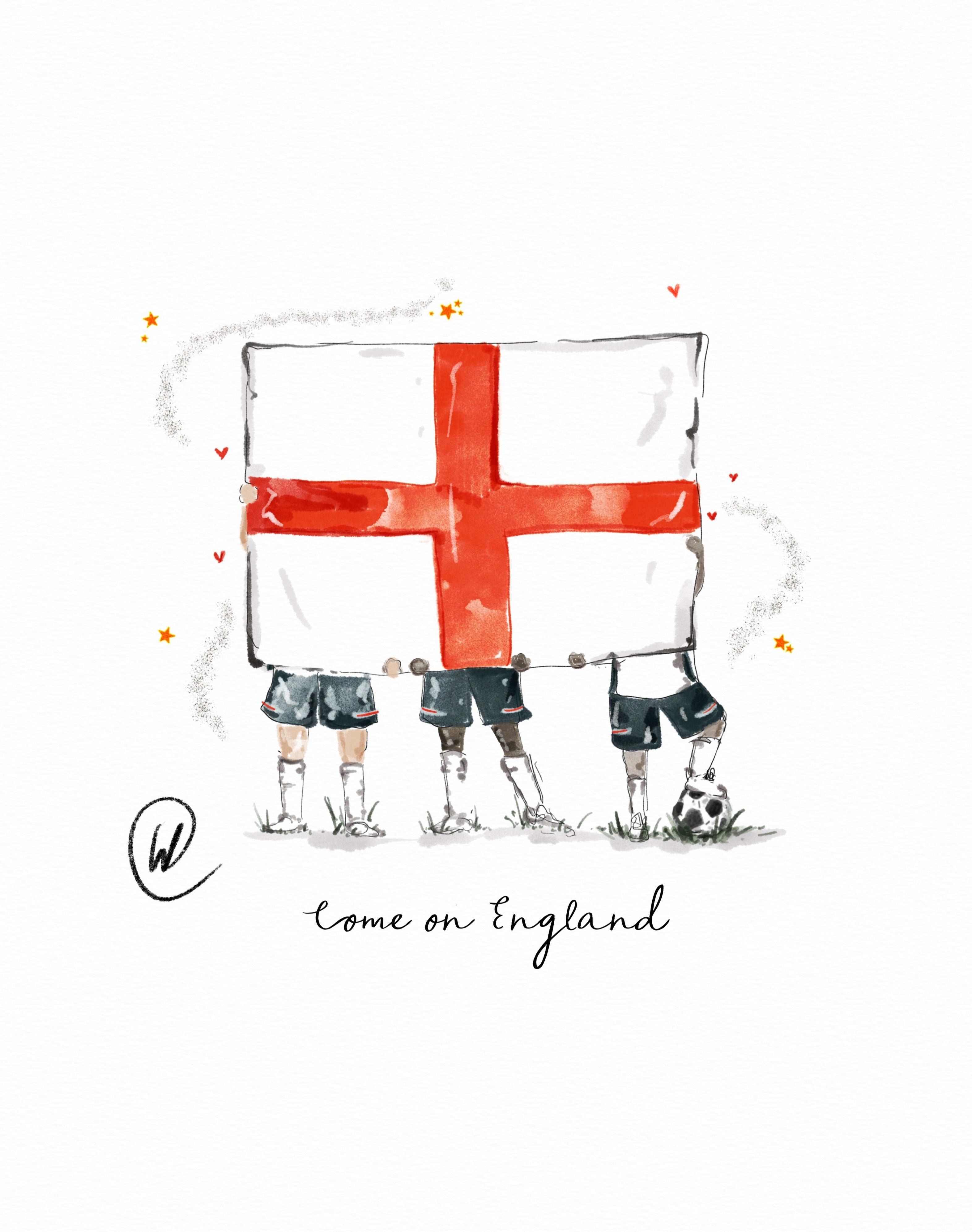 Watercolour illustration of three footballers holding up a large England St George's Cross flag with a football at their feet and the words come on England below.