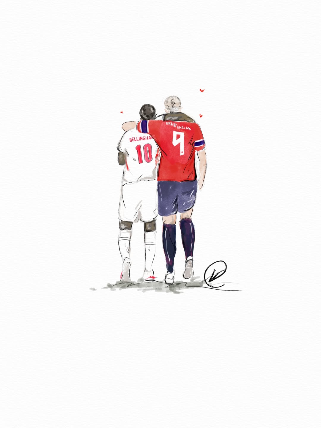 Watercolour illustration of two footballers walking away with arms around each other, one in a white England number 10 Bellingham shirt and one in a red Norway number 9 Braut Haaland shirt, with small red hearts.