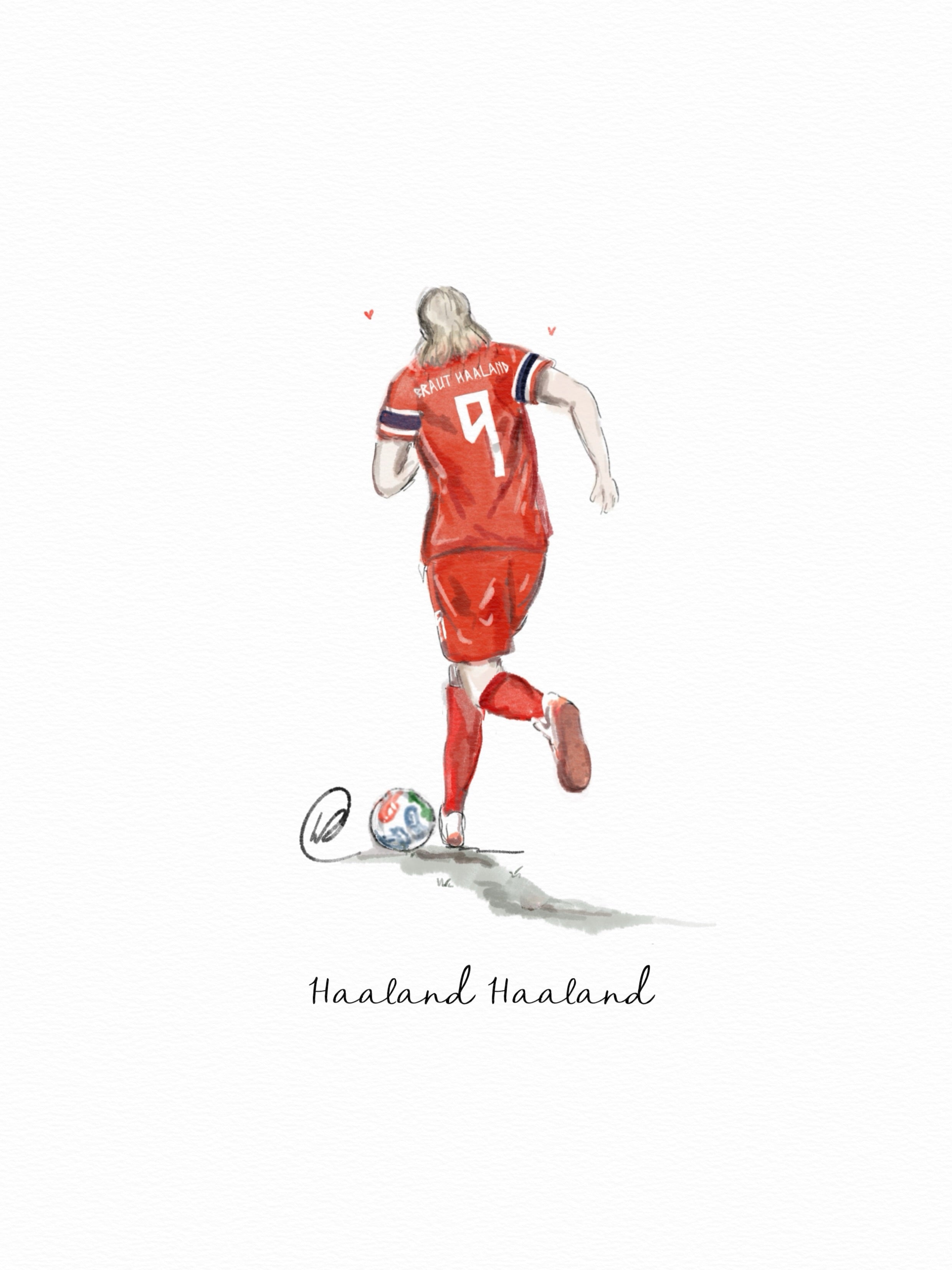 Watercolour illustration of footballer Erling Haaland in Norway's red number 9 shirt striking a ball, with the words Haaland Haaland written below.