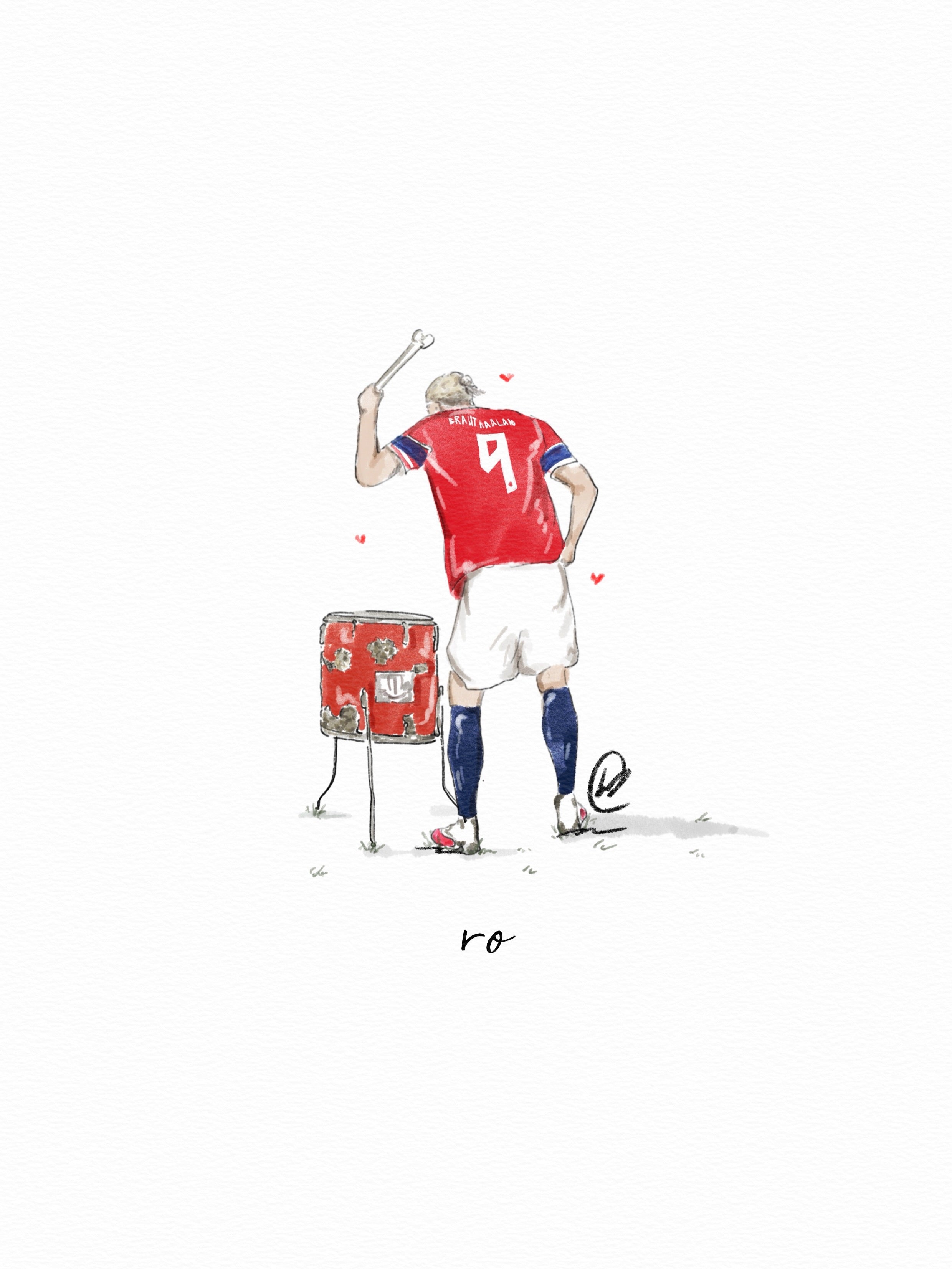 Watercolour illustration of Erling Haaland in Norway's red number 9 shirt playing a large drum for his World Cup chant, with the word ro written below.
