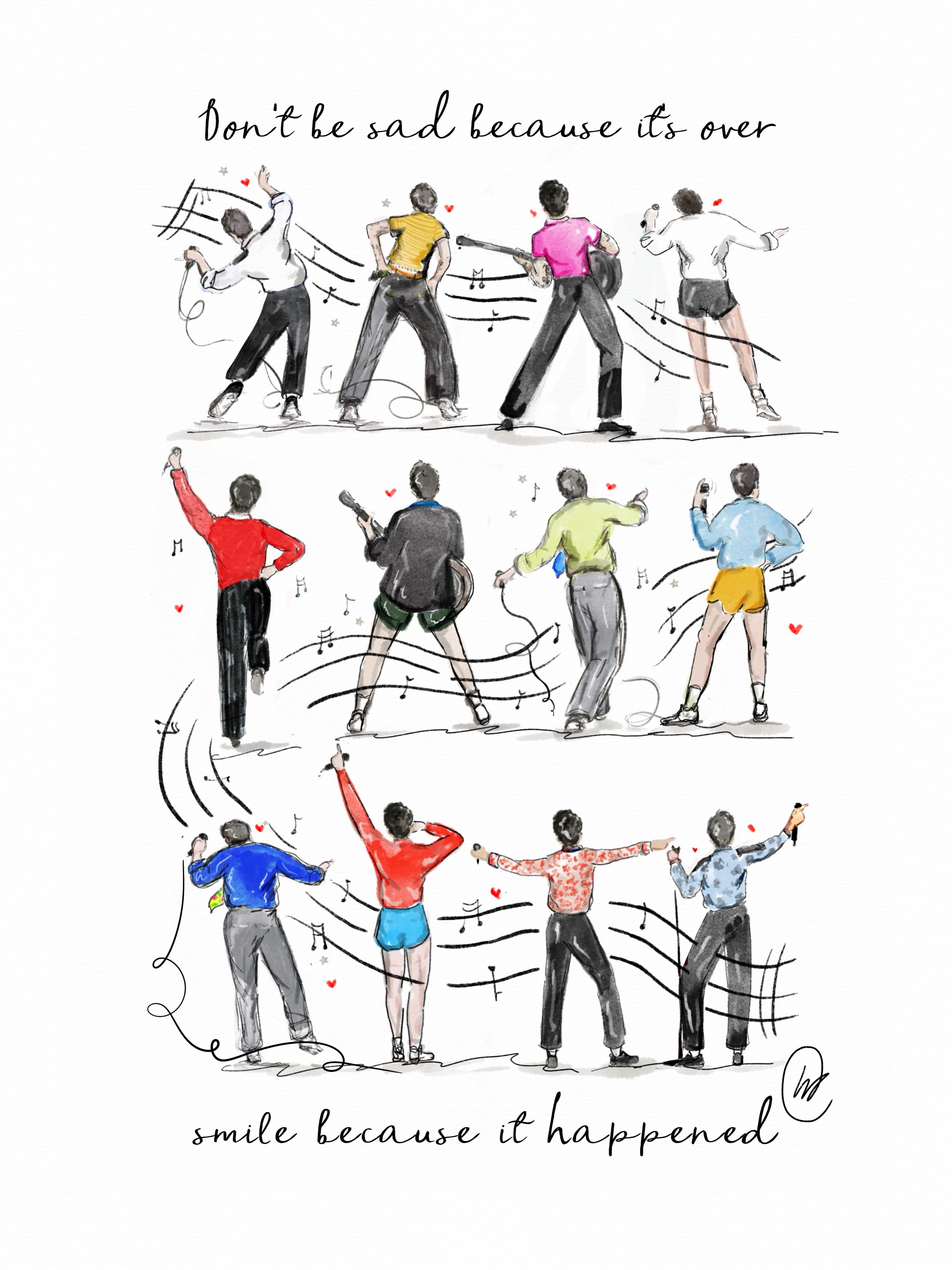 Watercolour illustration of Harry Styles dancing in twelve of his Wembley tour outfits across three rows, threaded with musical notes and small red hearts, with the words 'Don't be sad because it's over, smile because it happened'.