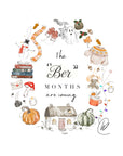 Watercolour illustration of a wreath of autumn and winter things, a snowman in a top hat, a tartan scarf, red mittens, a bat and cobweb, a little ghost, a Christmas pudding, holly, acorns and falling leaves, a pumpkin patterned jumper, a stack of books, a love letter, a red toadstool, a quill and ink, candles, a fire with marshmallows, a pumpkin spice latte, fairy lights, pumpkins and a thatched cottage, with the handwritten words 'The "Ber" months are coming'.