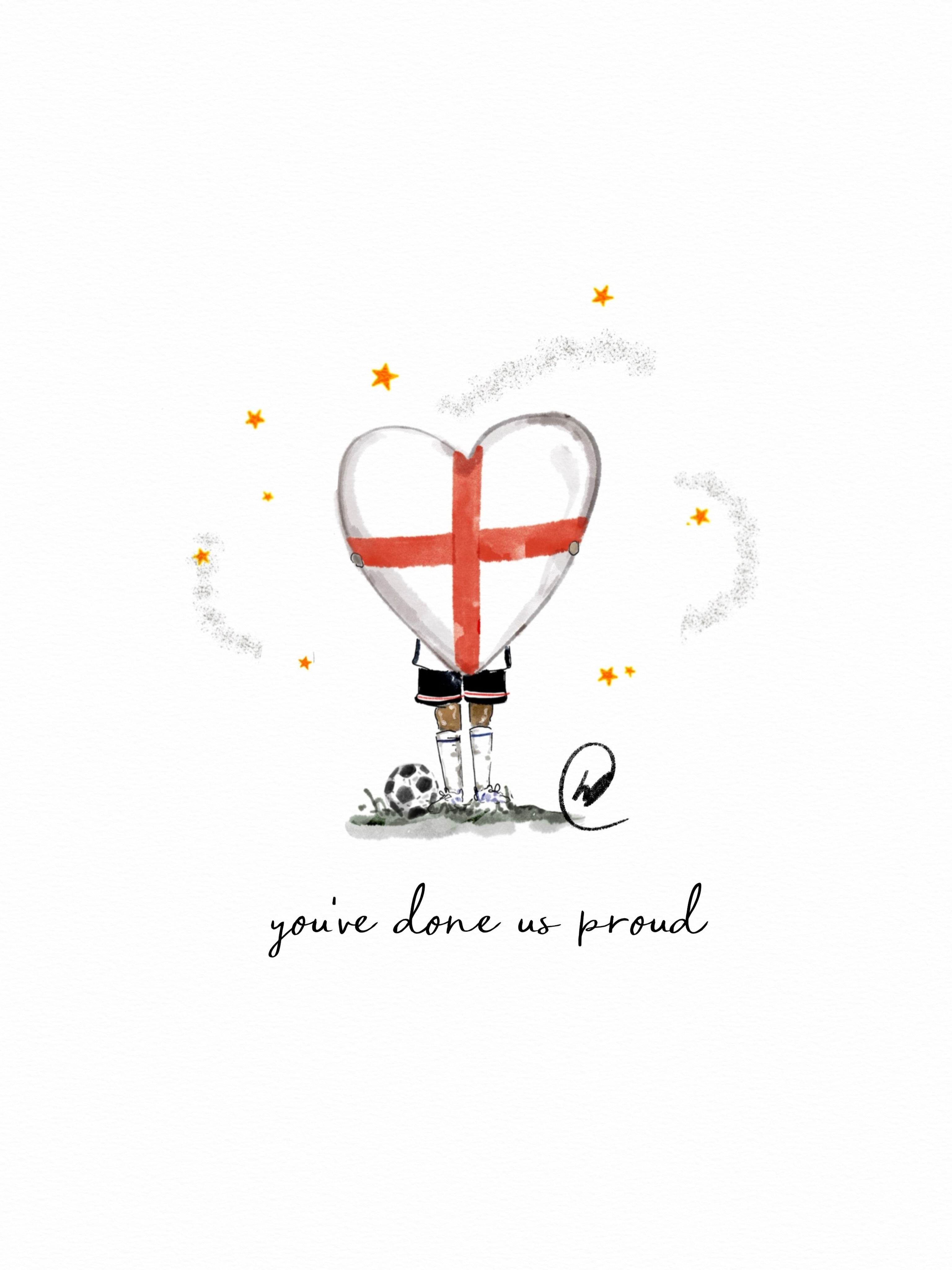 Watercolour illustration of a heart-shaped balloon painted with the England St George's Cross, held by a footballer in England kit with a ball at their feet and gold stars scattered around, with the words 'you've done us proud'.